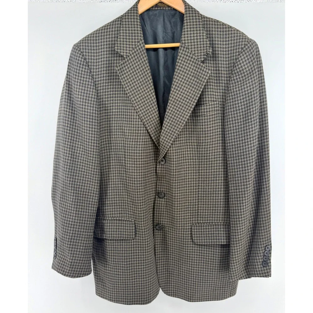 Vintage Oscar de la Renta Wool Houndstooth Blazer Mens 40L Brown Black